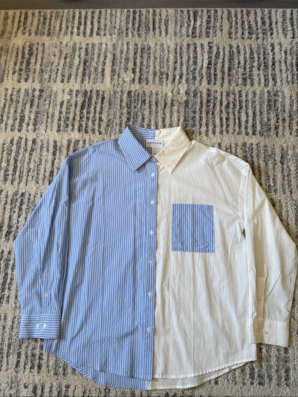 Women’s First Love Blue and White Half-Striped Button-Down Shirt